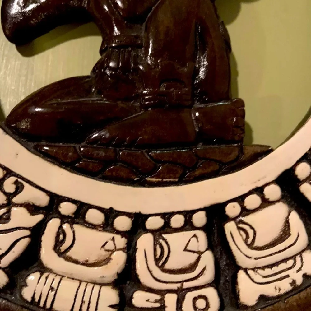 Aztec/Mayan Calendar 10.25” Diameter Glazed Ceramic & Wood Unique